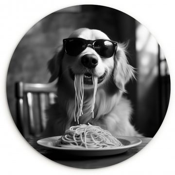 Tableau rond - Golden Retriever - Chien - Joyeux - Assiette spaghetti - Noir - blanc