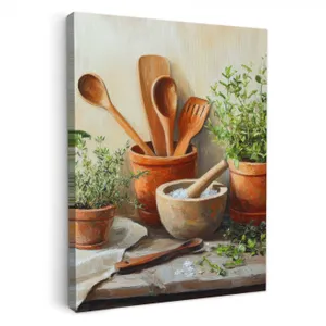 Tableau sur toile - Pots - Herbes - Bois