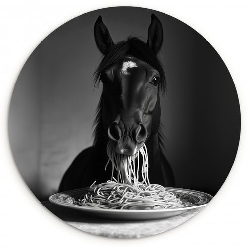 Tableau rond - Cheval - Assiette - Pâtes - Nappe - Noir et blanc - Animaux