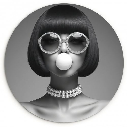 Tableau rond - Femme - Noir et blanc - Collier - Lunettes de soleil