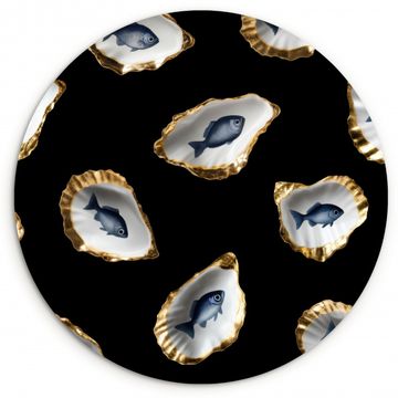 Tableau rond - Huîtres - Poissons - Bleu - Or