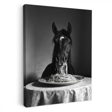 Tableau sur toile - Cheval - Assiette - Pâtes - Nappe - Noir et blanc - Animaux