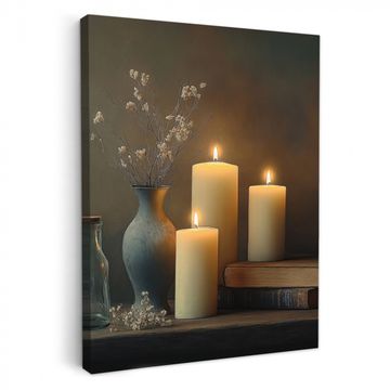 Tableau sur toile - Bougies - Nature morte - Rustique - Livres