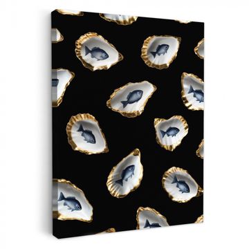 Tableau sur toile - Huîtres - Poissons - Bleu - Or