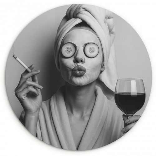Tableau rond - Femme - Masque - Vin - Cigarette