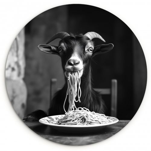 Tableau rond - Chèvre - Assiette - Spaghetti - Noir et blanc
