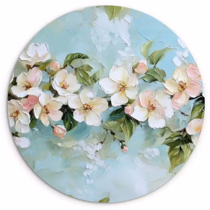Tableau rond - Fleur - Feuilles - Bleu clair