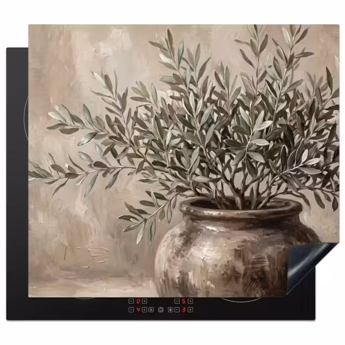 Protection plaque induction - Plante d'olivier - Pot en terre - Abstrait - Beige