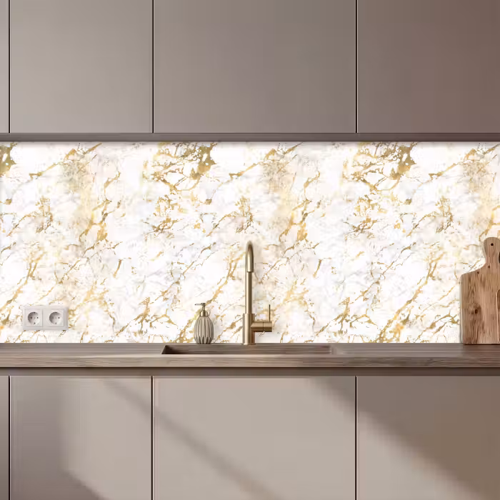Crédence cuisine - Éclats d'or - Blanc - Marbre