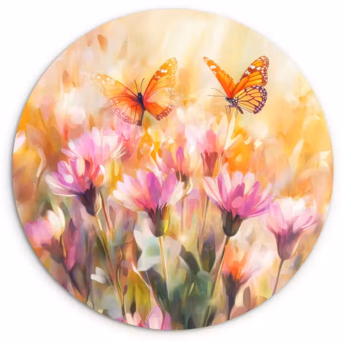 Tableau rond - Papillons - Orange - Fleurs