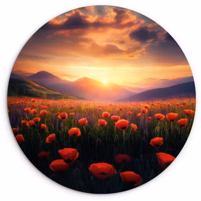 Tableau rond - Paysage - Coucher de soleil - Champ de fleurs