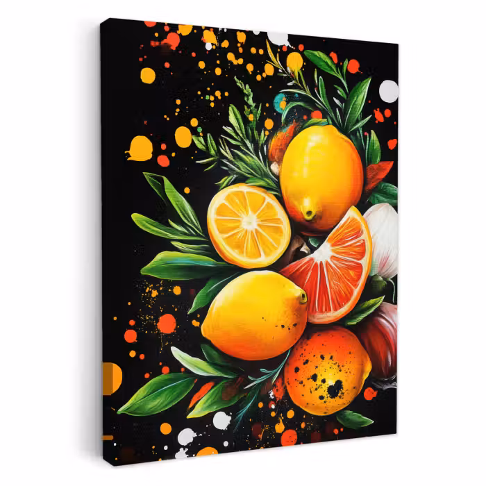 Tableau sur toile - Citrons - Noir - Herbes - Graffiti - Peinture