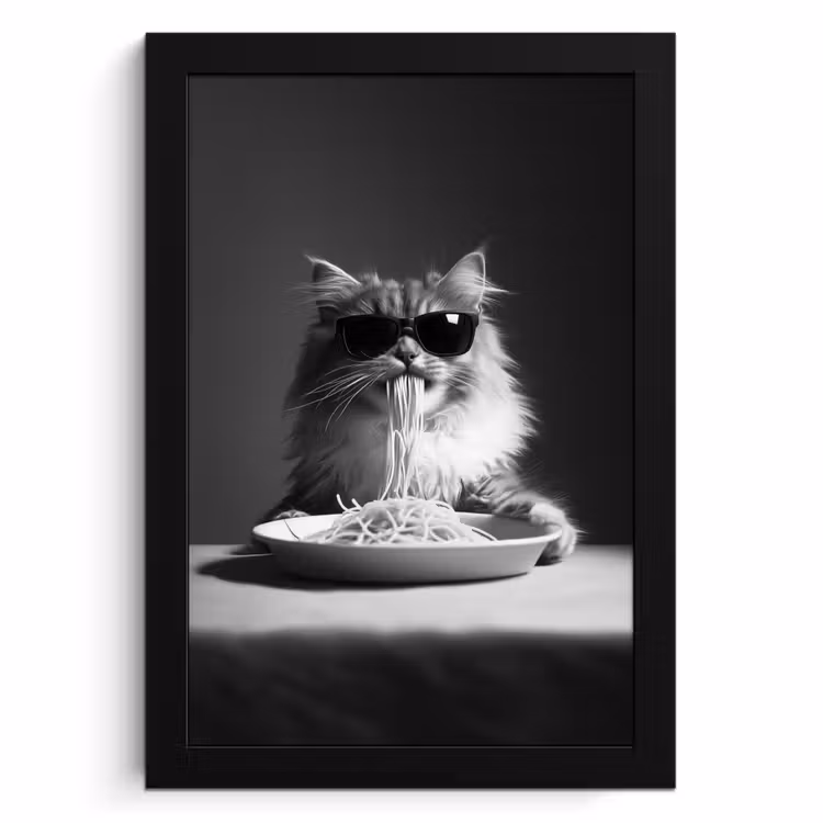 Cadre Photo - Chat à poil long - Lunettes de soleil - Spaghetti - Humour - Noir - blanc — 1