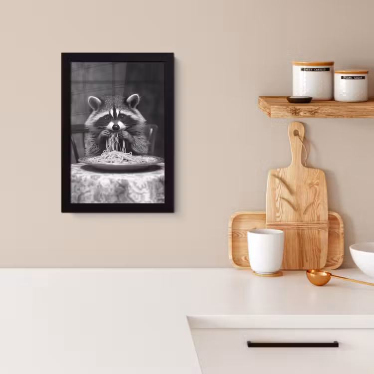 Cadre Photo - Raton laveur - Mignon - Pâtes - Nappe - Noir - Blanc — 2