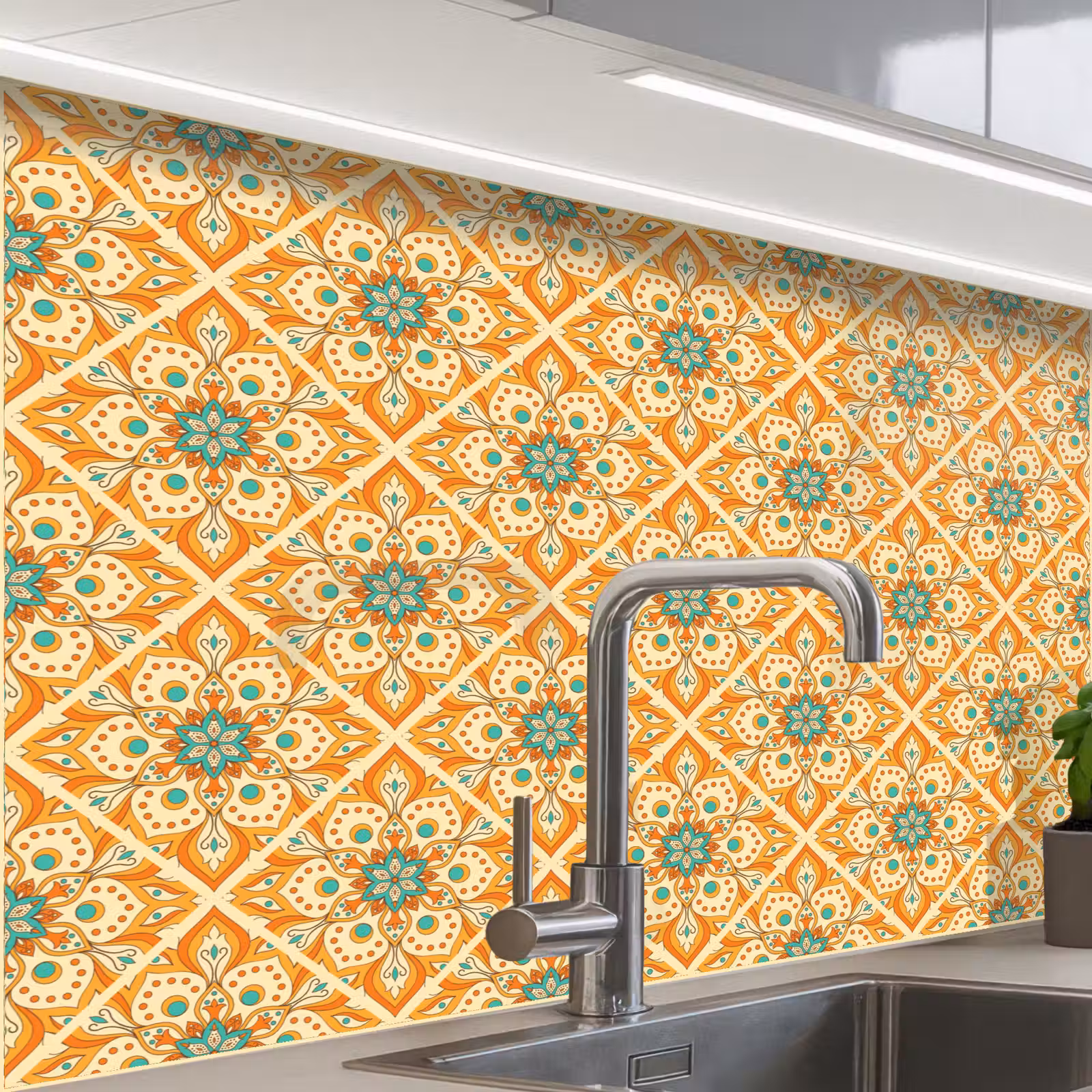 Crédence cuisine - Mandala - Boho - Fleurs - Orange - Motif — 1
