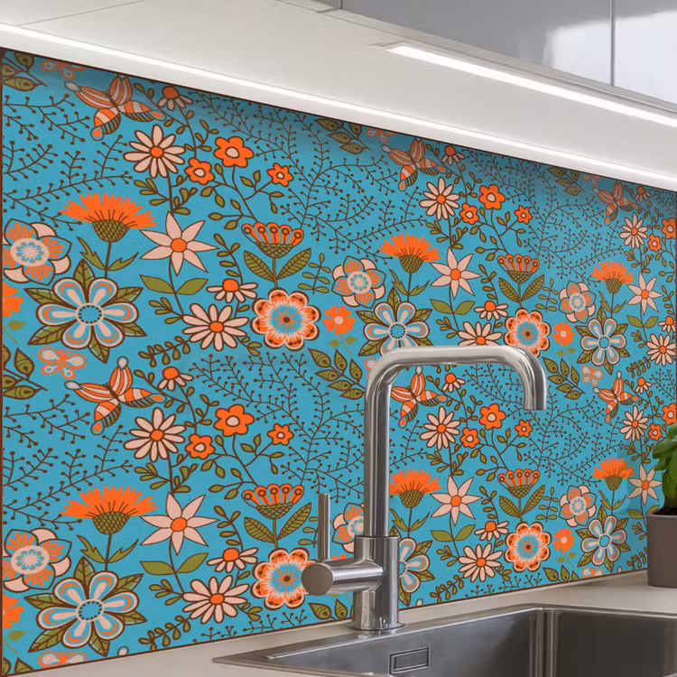 Crédence cuisine - Bohème - Fleurs - Orange - Rétro - Design — 1