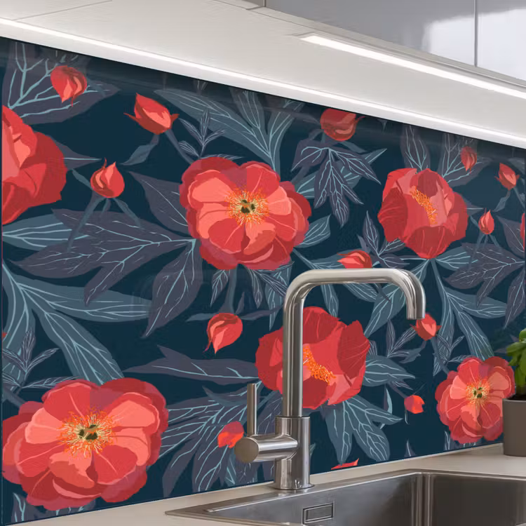Crédence cuisine - Fleurs - Rouge - Feuilles - Motifs — 1