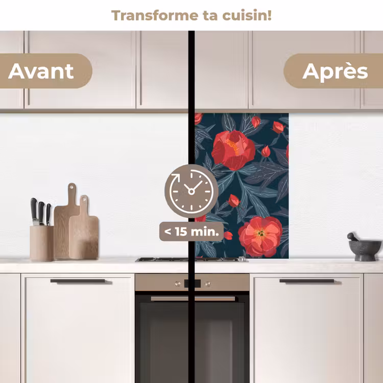 Crédence cuisine - Fleurs - Rouge - Feuilles - Motifs — 2