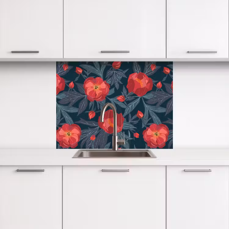 Crédence cuisine - Fleurs - Rouge - Feuilles - Motifs — 3