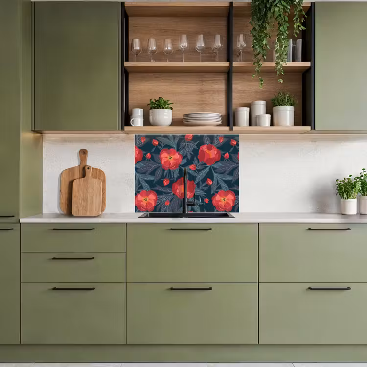 Crédence cuisine - Fleurs - Rouge - Feuilles - Motifs — 7