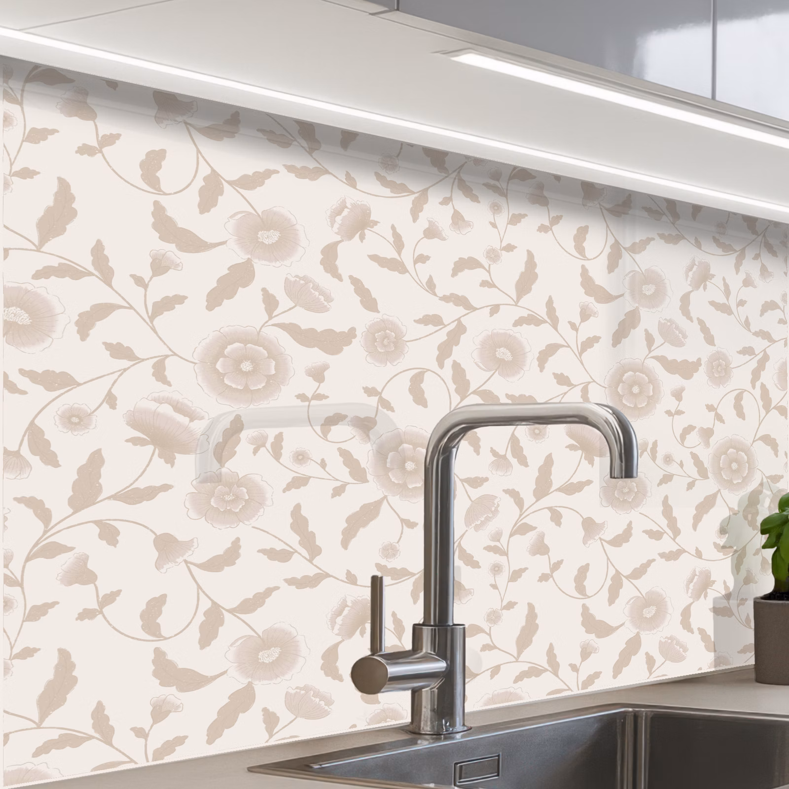 Crédence cuisine - Orné - Fleurs - Beige — 1