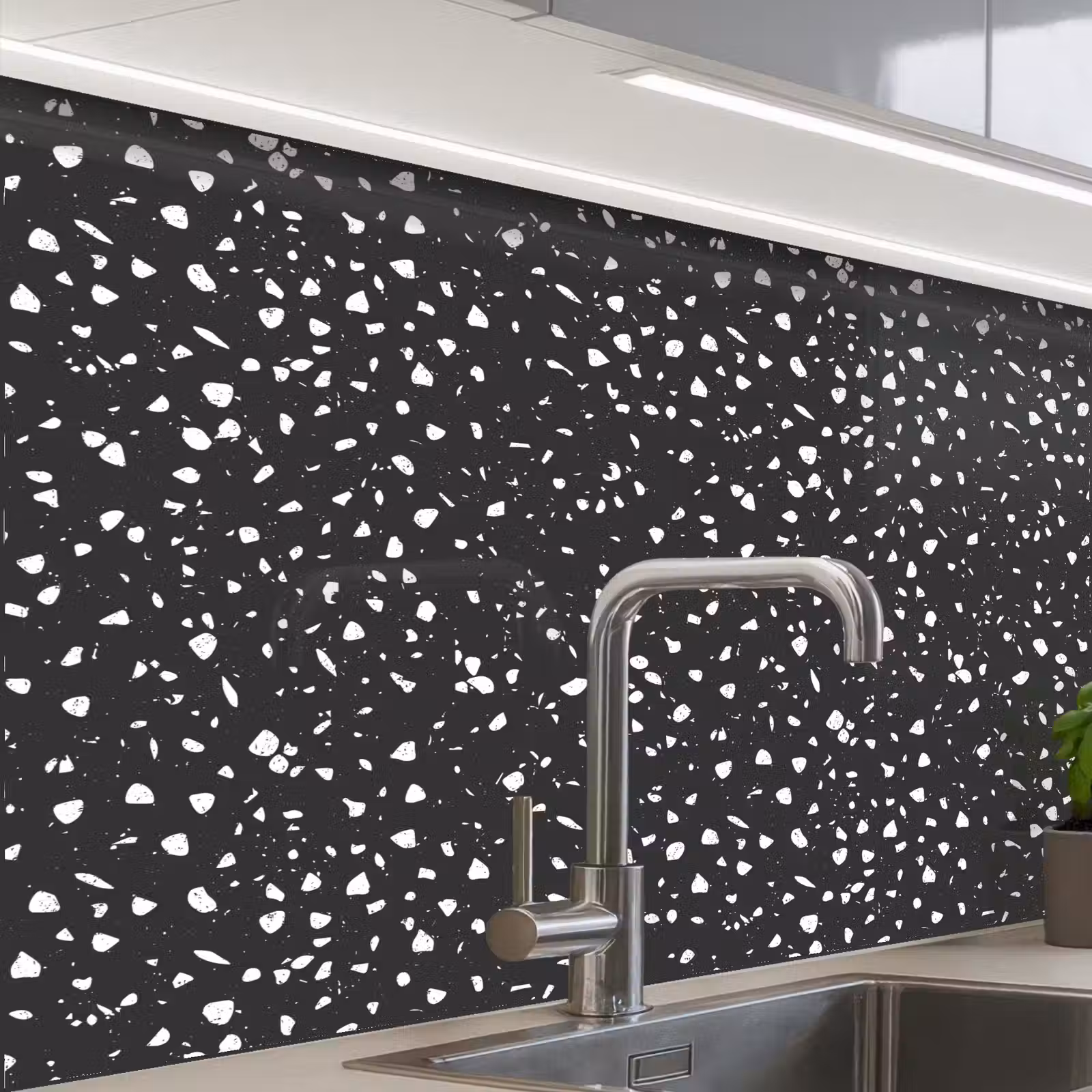 Crédence cuisine - Terrazzo - Motif - Noir - Blanc — 1