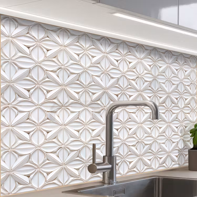 Crédence cuisine - 3D - Carrelage - Fleur - Relief - Blanc — 1