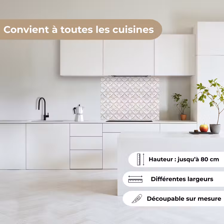 Crédence cuisine - 3D - Carrelage - Fleur - Relief - Blanc — 6