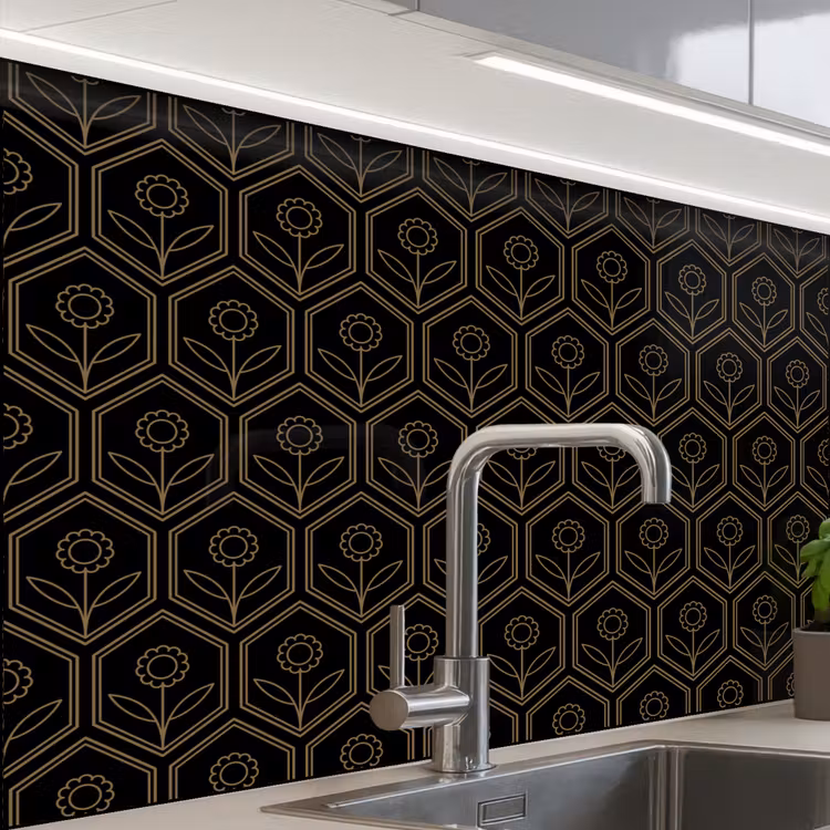Crédence cuisine - Hexagone - Noir - Or - Fleur — 1