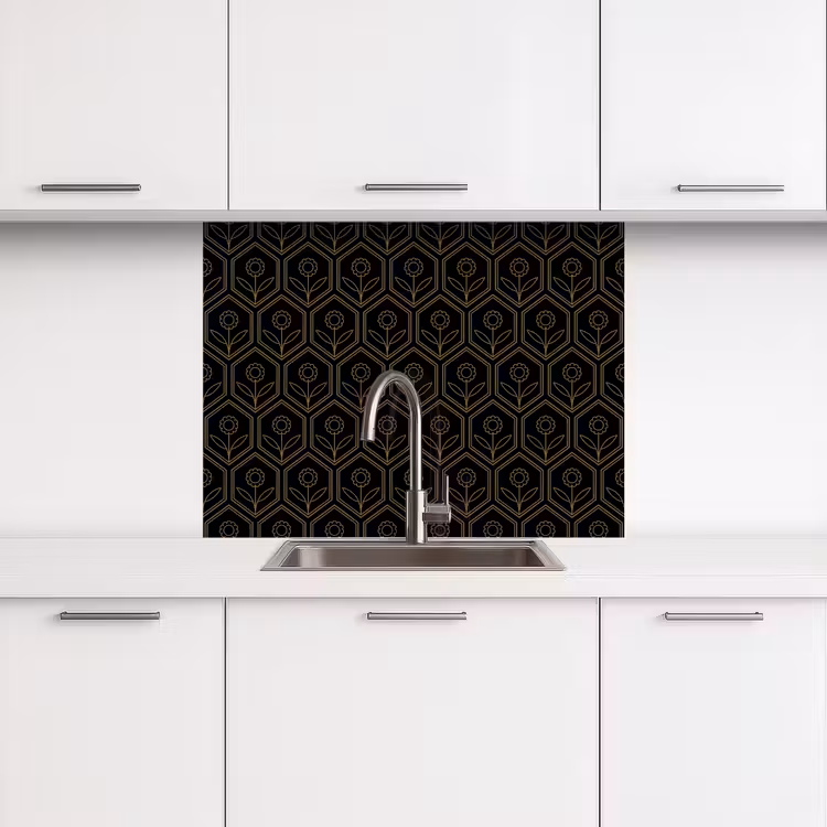 Crédence cuisine - Hexagone - Noir - Or - Fleur — 3