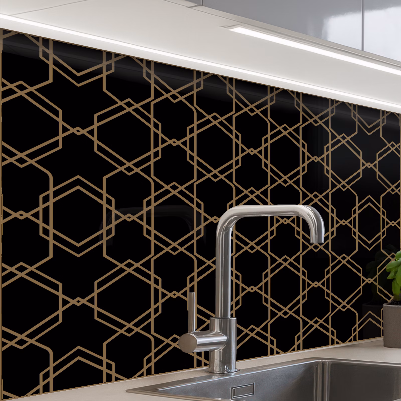 Crédence cuisine - Entrelacs - Hexagones - Noir - Or — 1