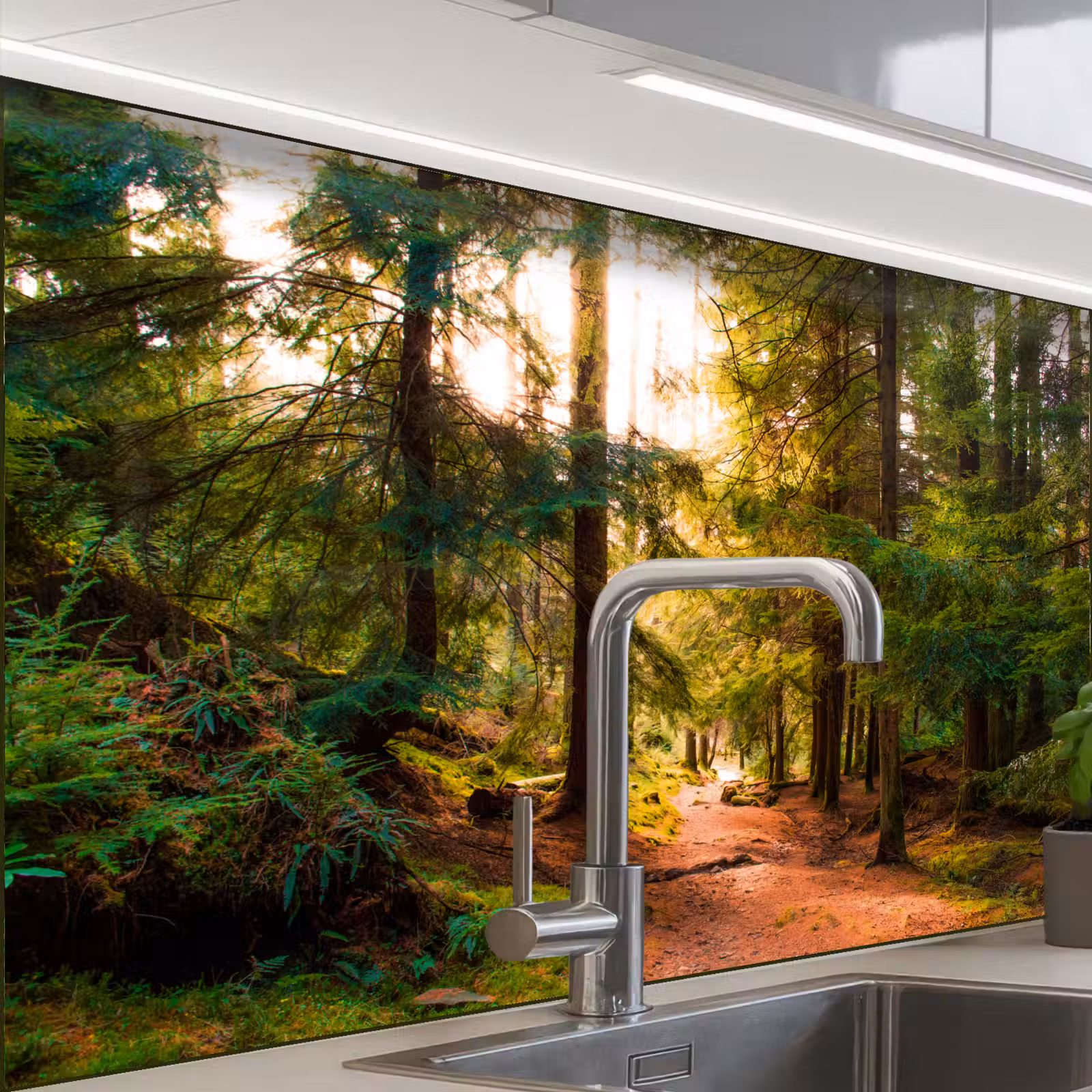Crédence cuisine - Forêt - Chemin - Arbres - Vert - Soleil - Nature — 1