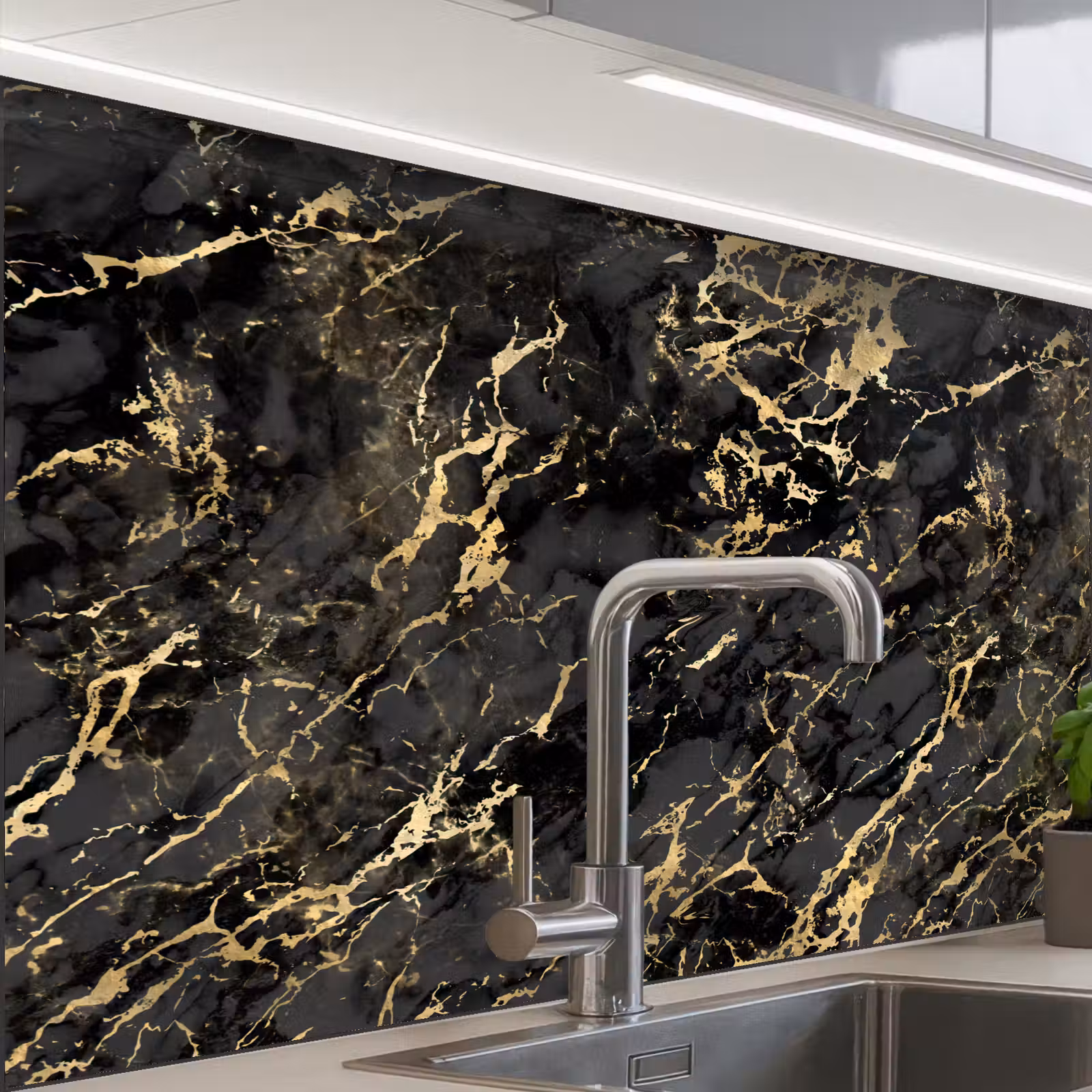 Crédence cuisine - Marbre - Noir - Structure or — 1