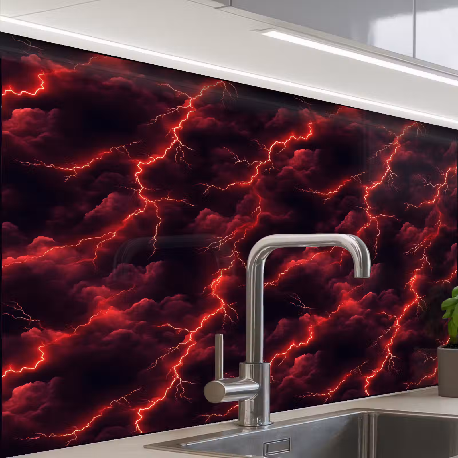 Crédence cuisine - Rouge - Orage - Eclairs - Nuages — 1