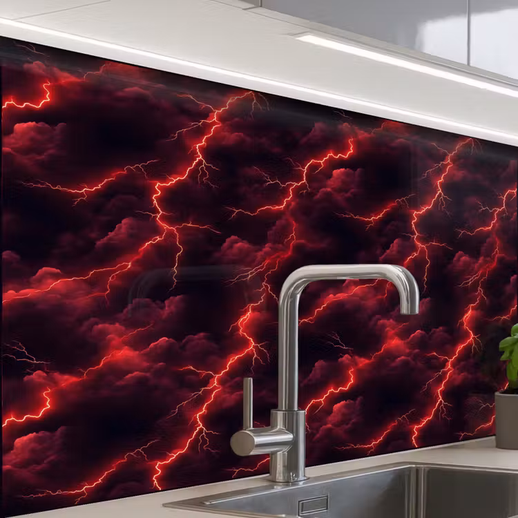 Crédence cuisine - Rouge - Orage - Eclairs - Nuages — 1