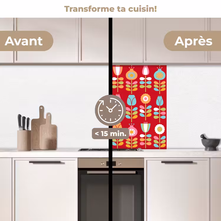 Crédence cuisine - Motifs - Fleurs - Rétro - Rouge — 2