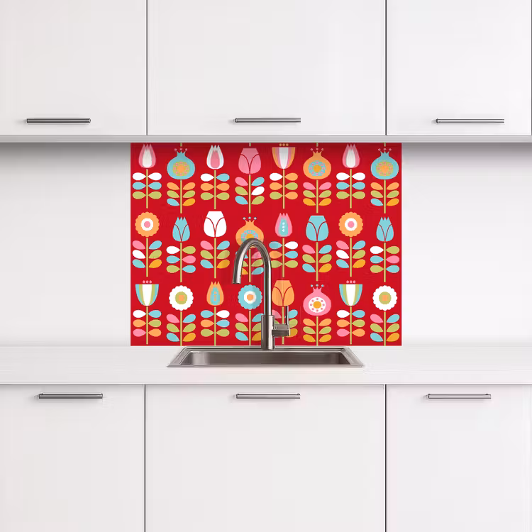 Crédence cuisine - Motifs - Fleurs - Rétro - Rouge — 3