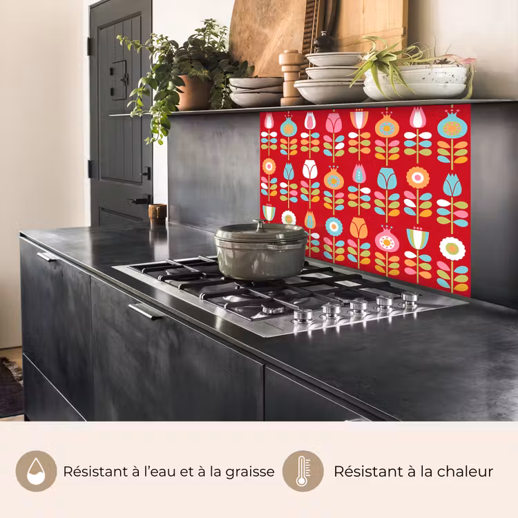 Crédence cuisine - Motifs - Fleurs - Rétro - Rouge — 4