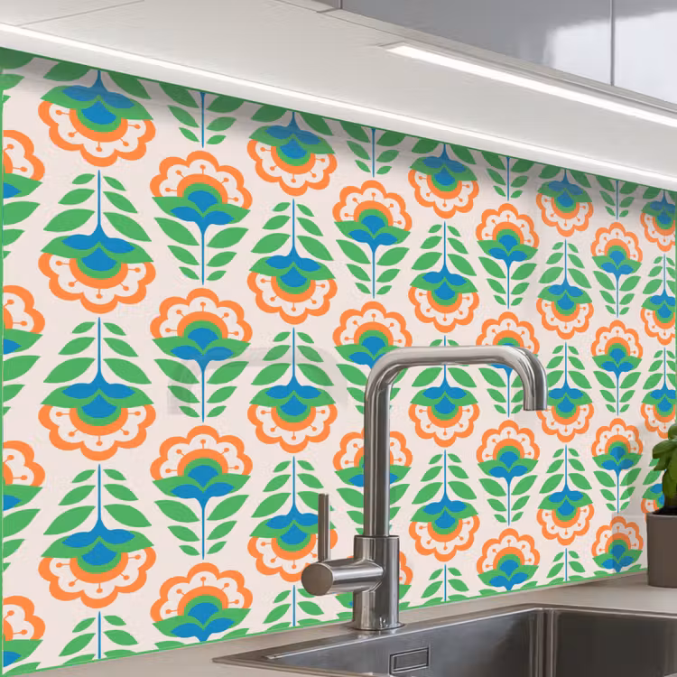 Crédence cuisine - Rétro - Fleurs - Design - Vert - Orange — 1