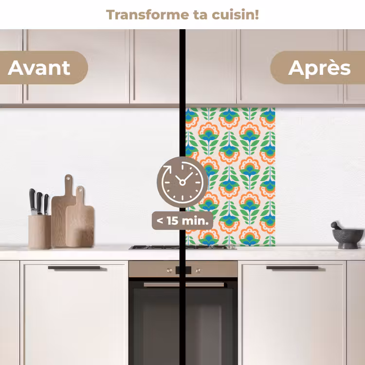 Crédence cuisine - Rétro - Fleurs - Design - Vert - Orange — 2