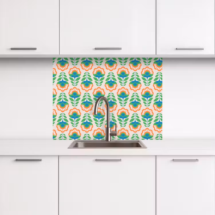 Crédence cuisine - Rétro - Fleurs - Design - Vert - Orange — 3