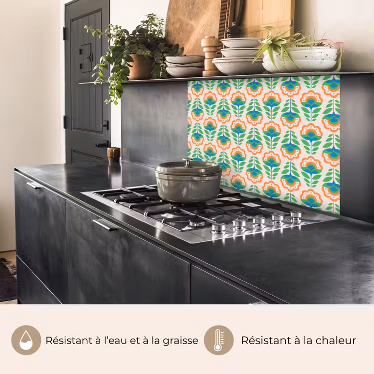 Crédence cuisine - Rétro - Fleurs - Design - Vert - Orange — 4