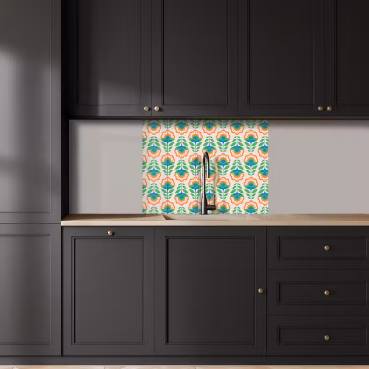 Crédence cuisine - Rétro - Fleurs - Design - Vert - Orange — 5