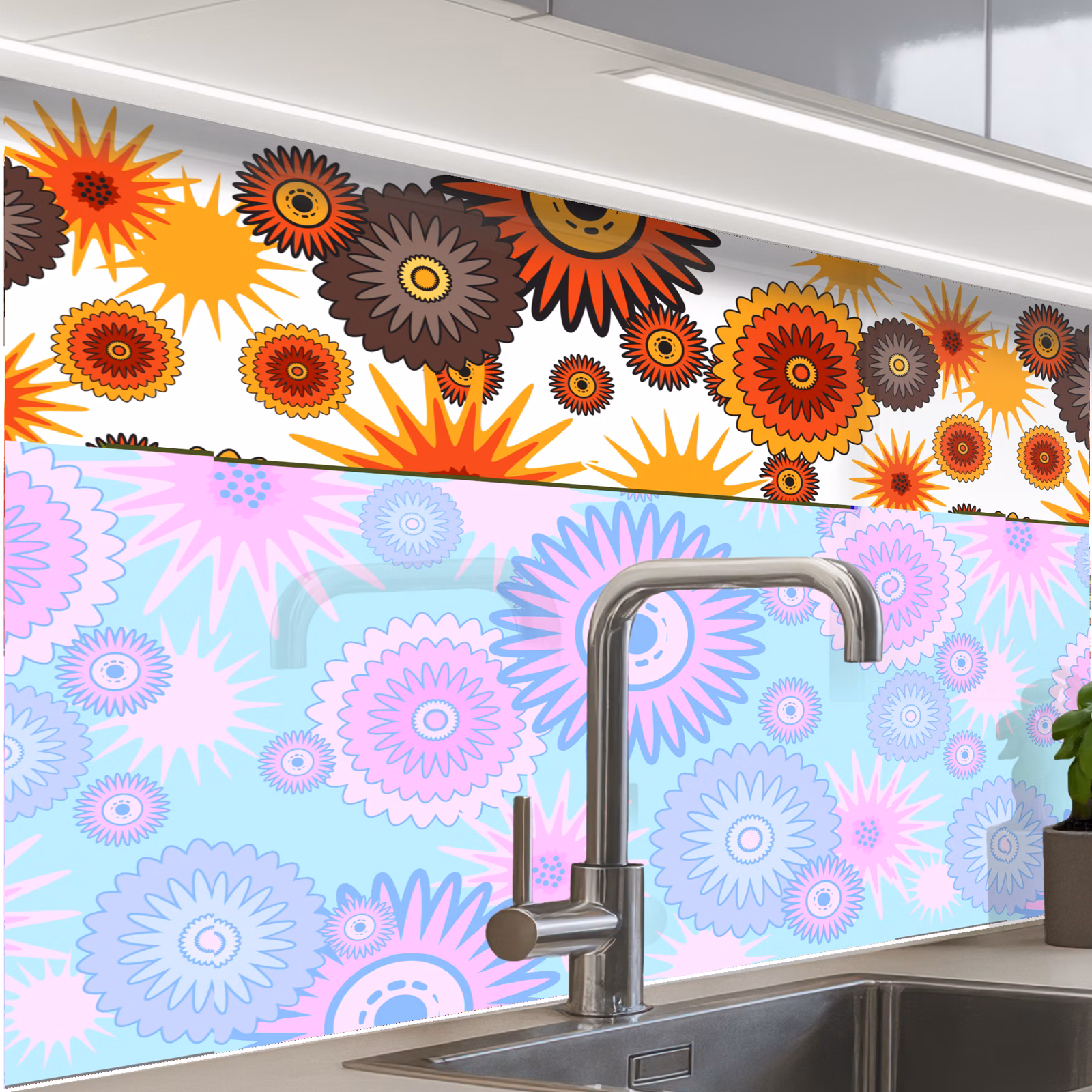 Crédence cuisine - Design - Rétro - Orange - Fleurs — 1