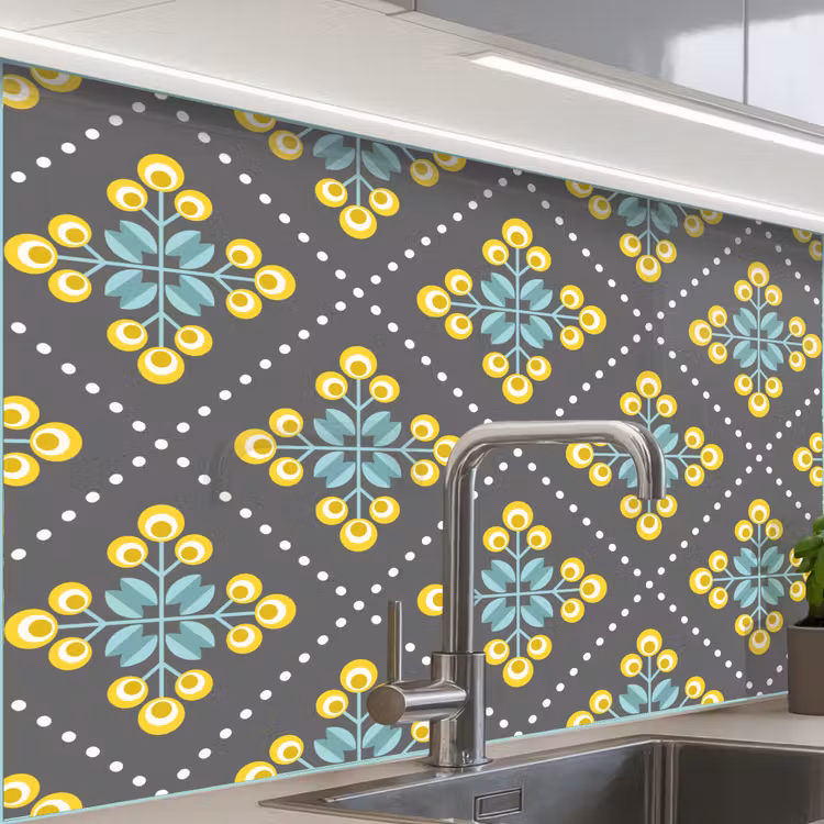 Crédence cuisine - Design - Plaid - Fleurs - Gris — 1