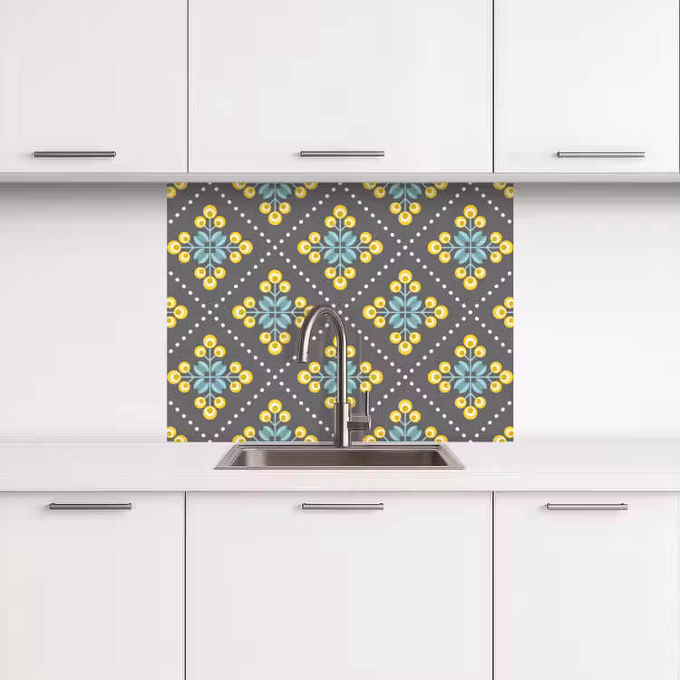 Crédence cuisine - Design - Plaid - Fleurs - Gris — 3
