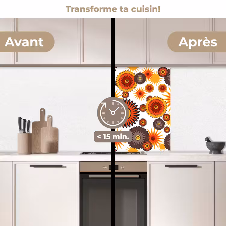 Crédence cuisine - Design - Rétro - Orange - Fleurs — 2