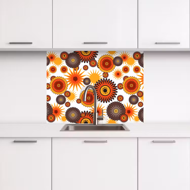 Crédence cuisine - Design - Rétro - Orange - Fleurs — 3