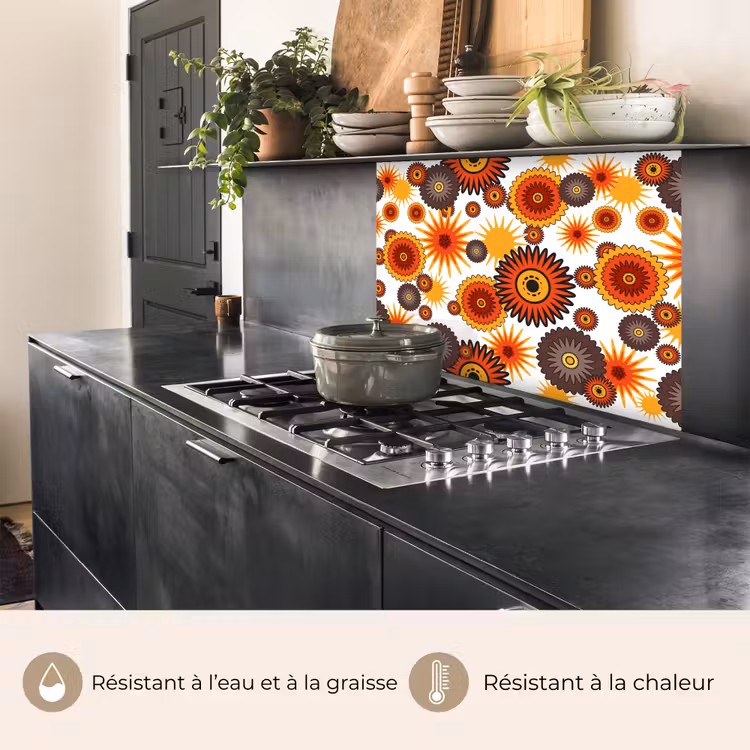 Crédence cuisine - Design - Rétro - Orange - Fleurs — 4