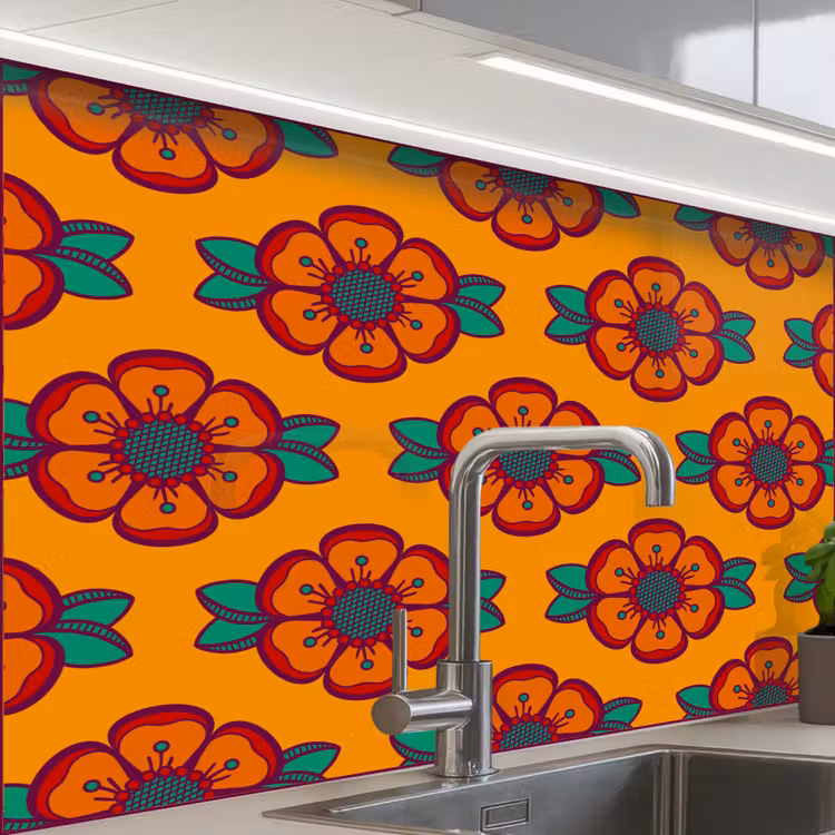Crédence cuisine - Design - Rétro - Roses - Orange — 1